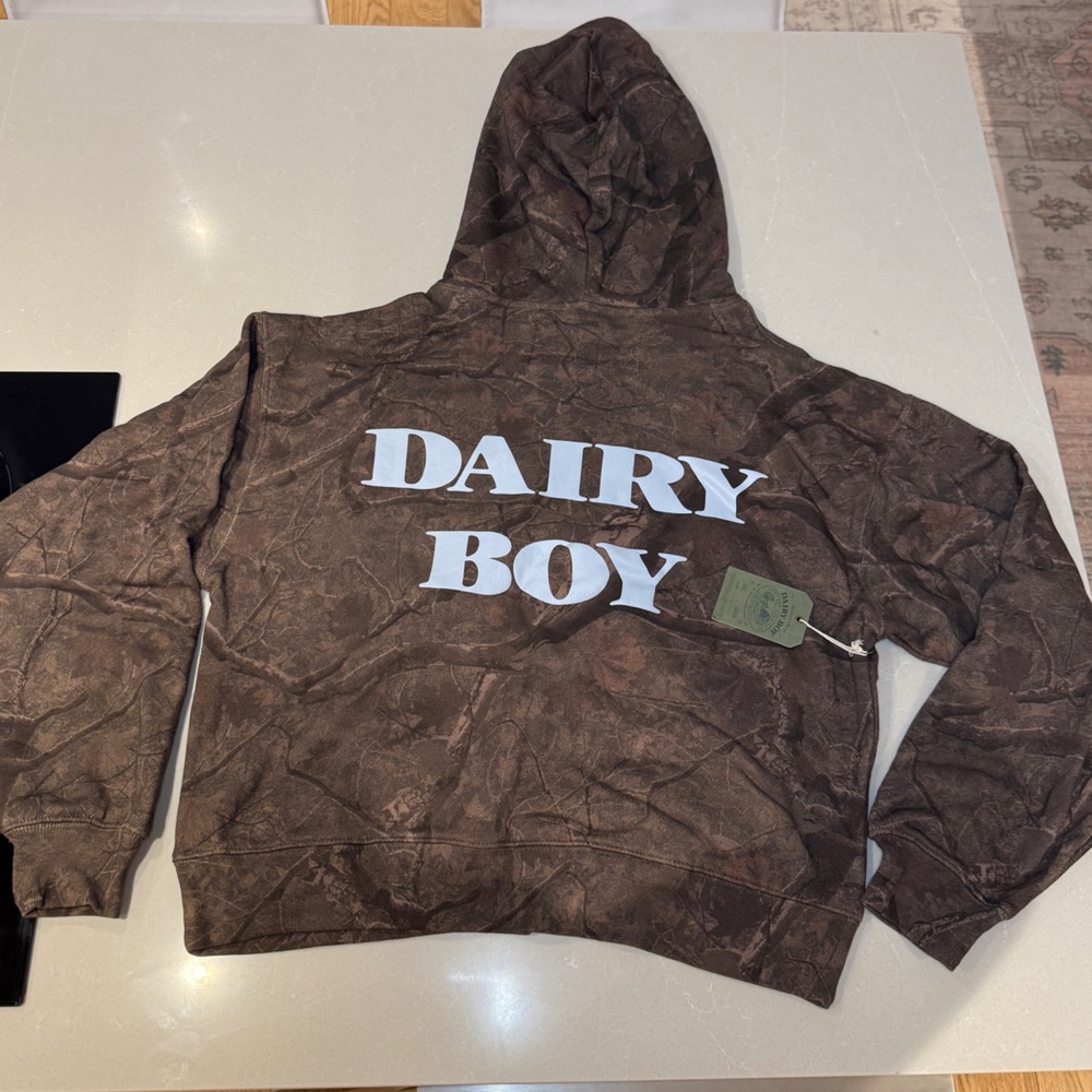 Dairy Boy River Camo Hoodie Size M with Blue Dairy Boy Logo NWT